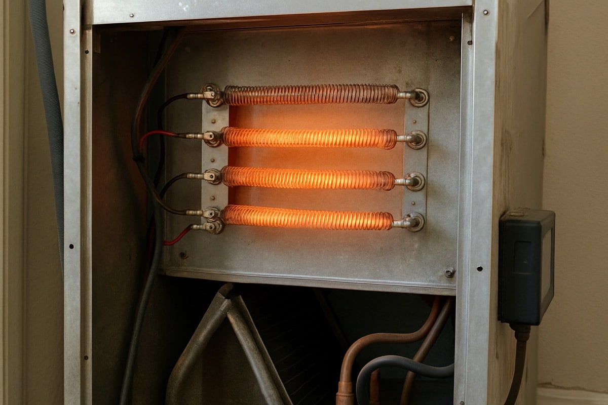 Thermostat display showing a heat pump system in heating mode