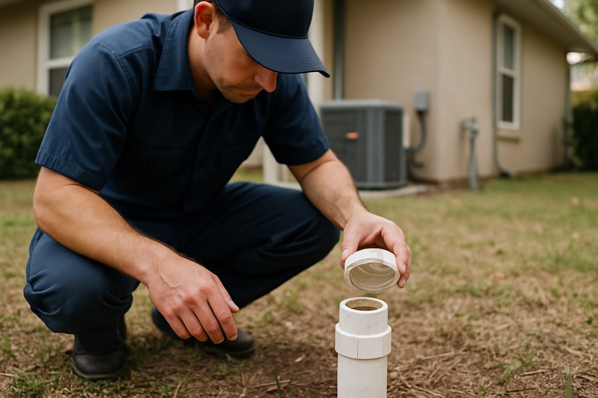 Plumber inspecting a sewer cleanout access cap in a residential yard