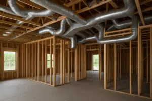 A new-construction Florida home interior under construction with HVAC ductwork rough-in visible in the framed ceiling