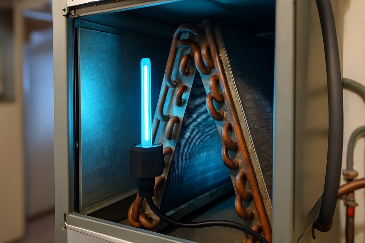 UV lamp mounted inside an air handler aimed at the evaporator coil