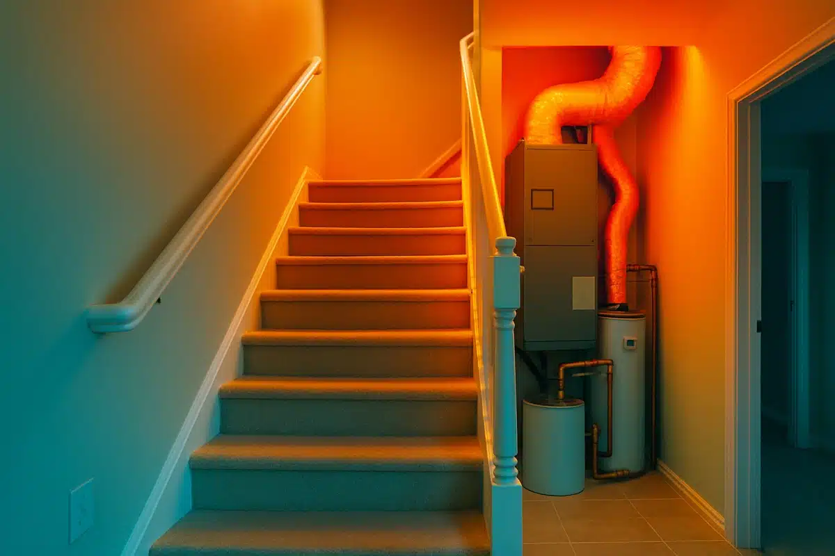 Two-story home interior staircase showing the temperature difference between upper and lower floors