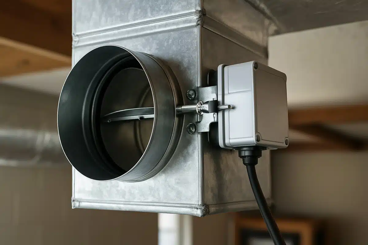 Motorized HVAC damper installed inside ductwork for a zoned cooling system