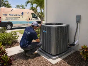 Completed outdoor heat pump installation for a Palm Bay home