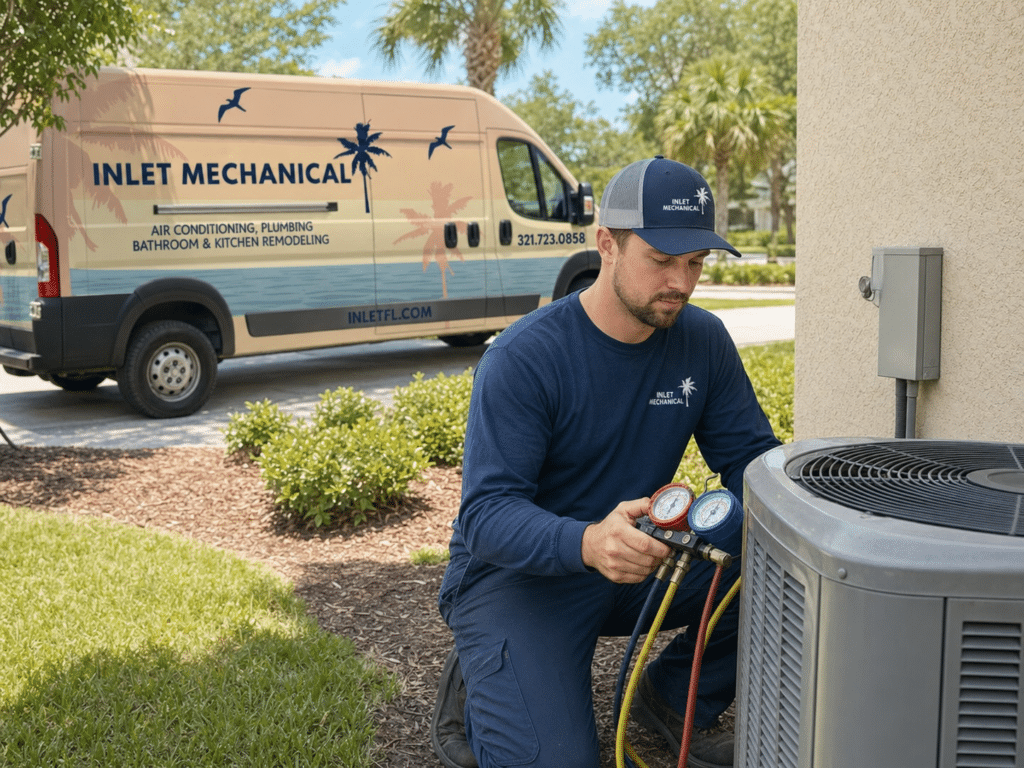 Inlet Mechanical technician servicing an outdoor AC unit in Palm Bay