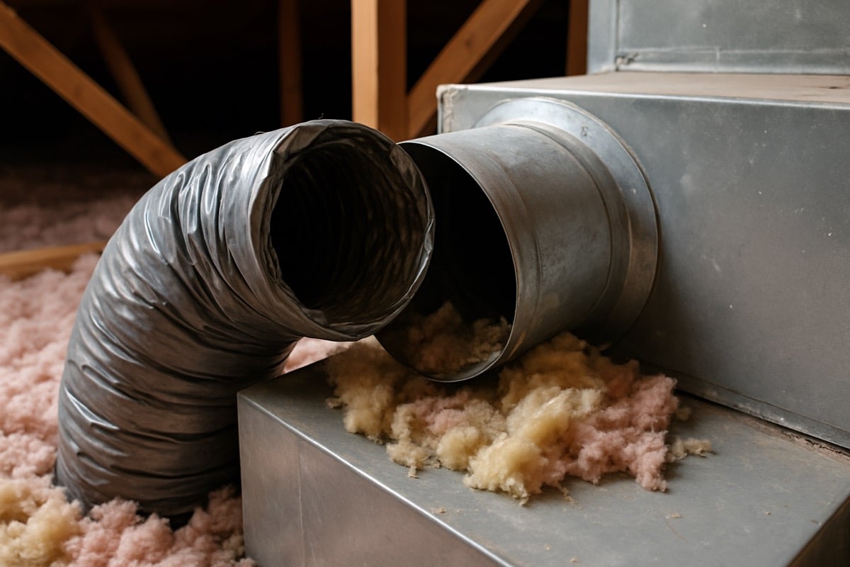 Technician inspecting a disconnected flexible duct joint in a hot attic