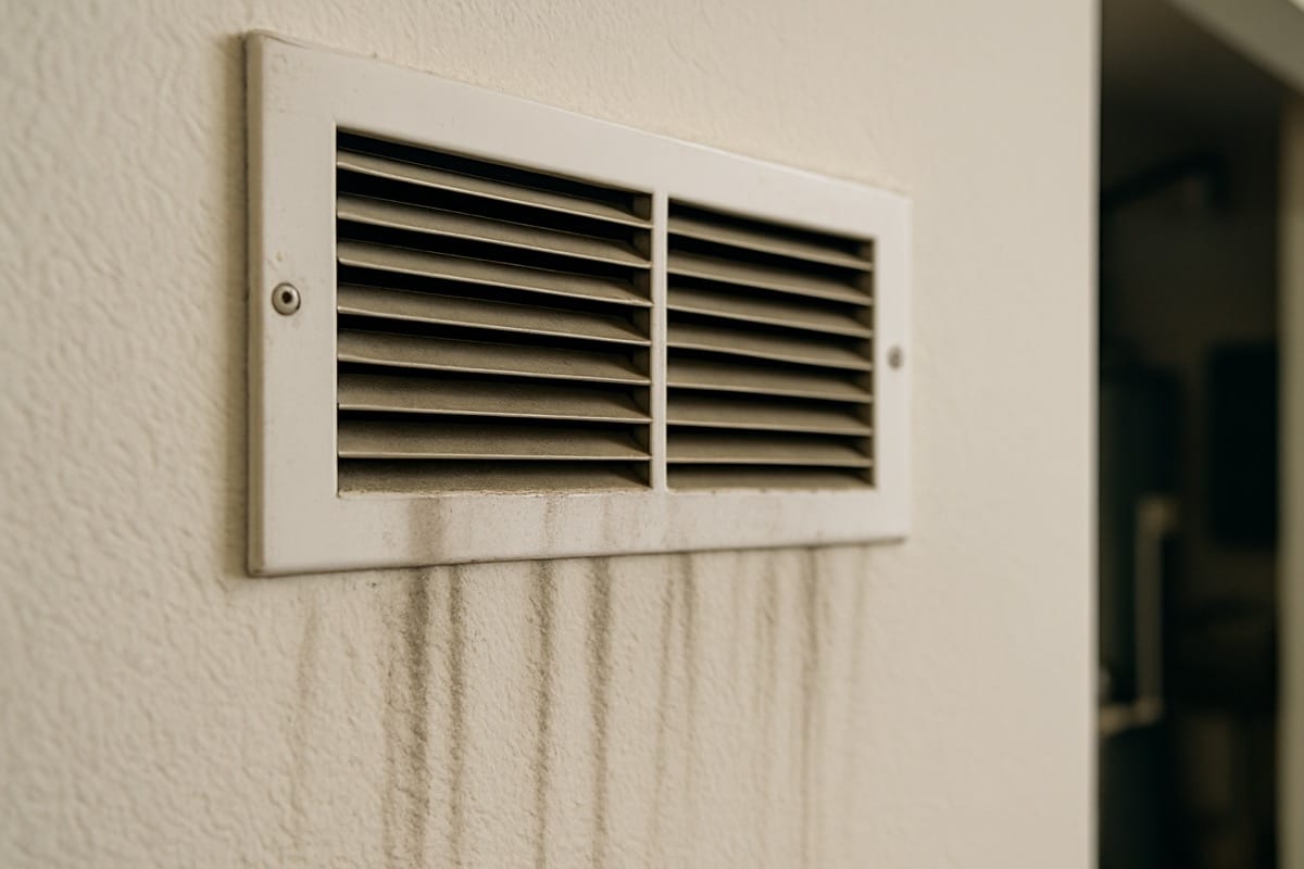 Supply register with visible dust streaks on a wall indicating duct leakage