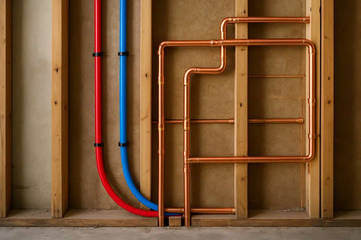 New PEX and copper water lines neatly routed along an exposed wall during a home repipe