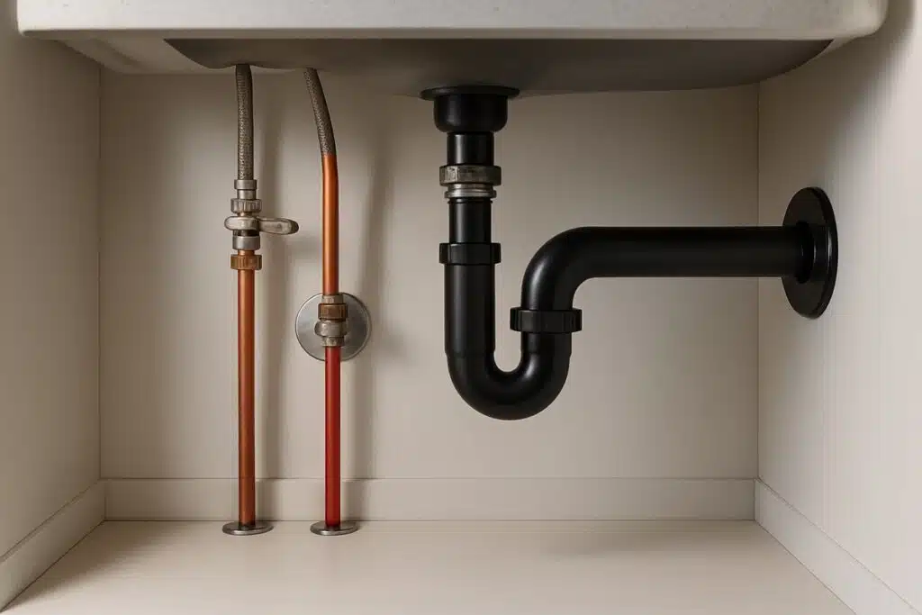 Copper and PEX water supply lines with a shutoff valve under a residential kitchen sink