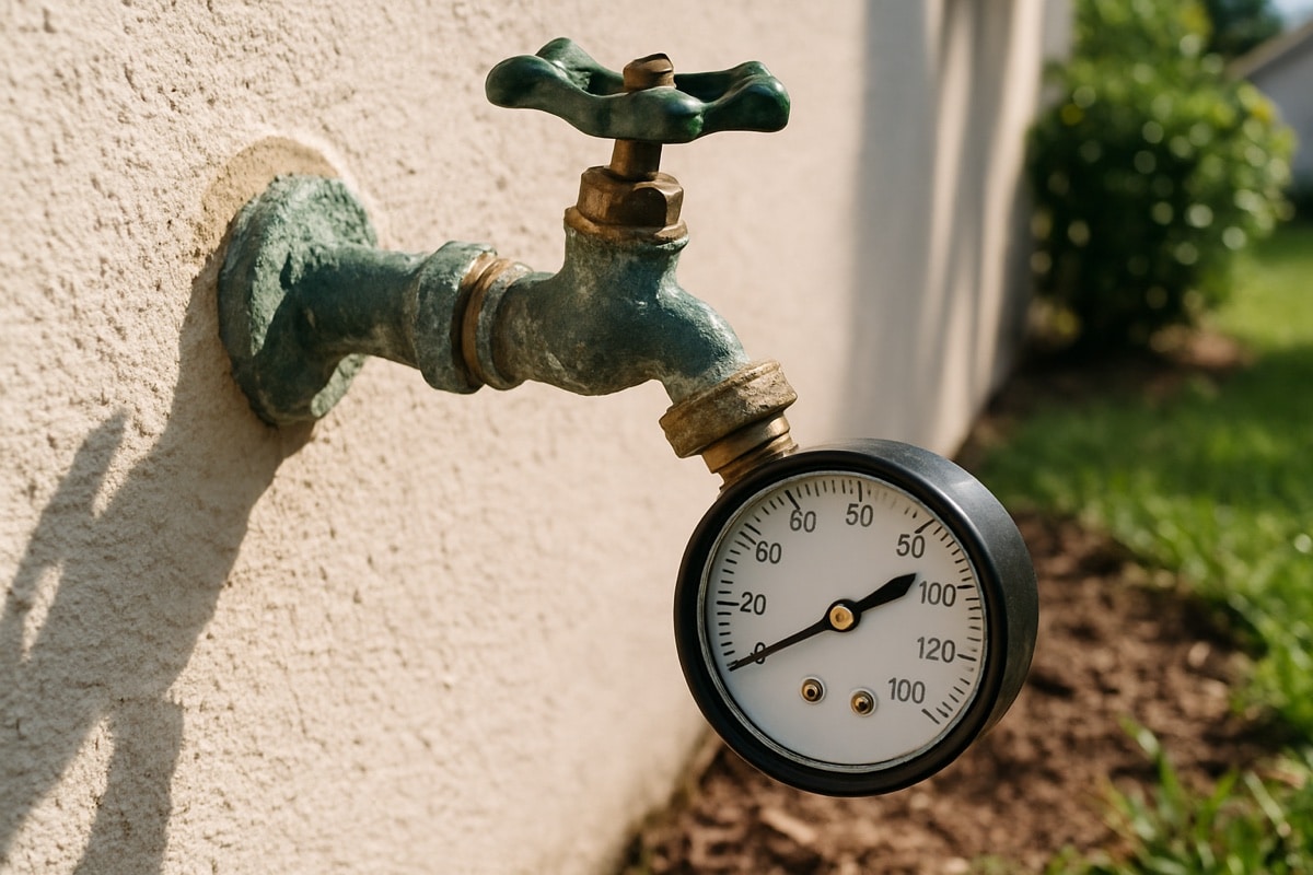 Water pressure gauge attached to an outdoor hose spigot to test home water pressure