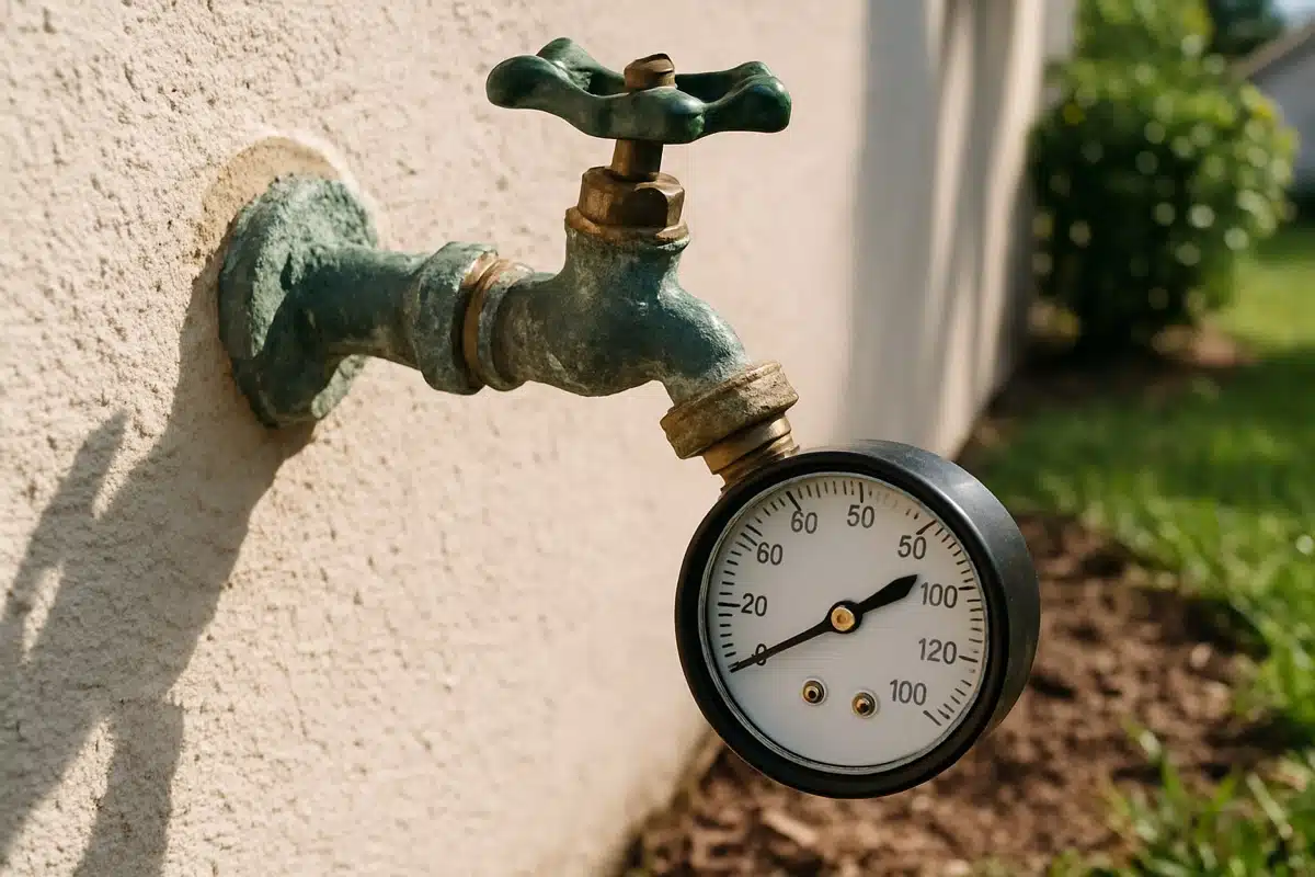 Water pressure gauge attached to an outdoor hose spigot to test home water pressure