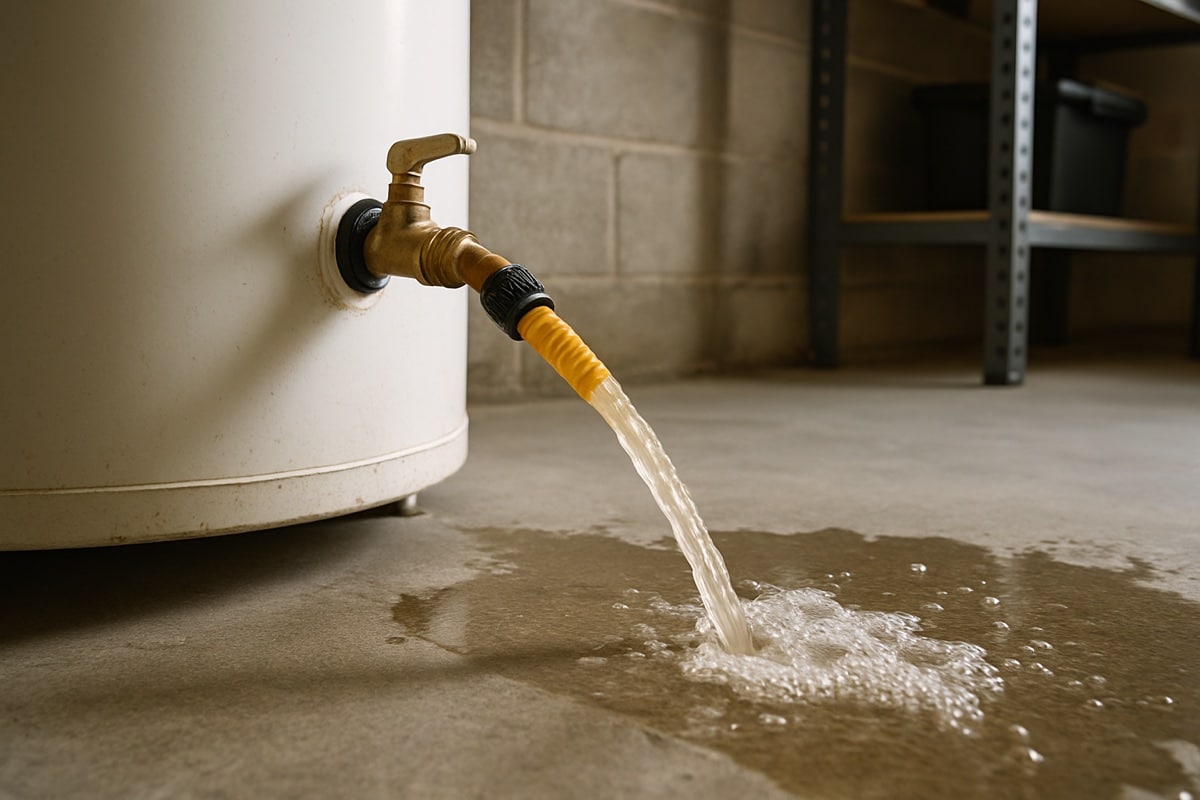 Garden hose attached to a water heater drain valve while flushing sediment from the tank