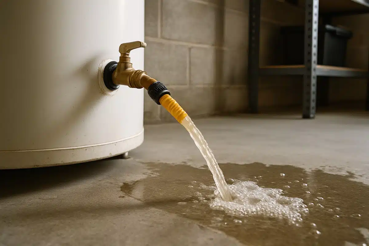 Garden hose attached to a water heater drain valve while flushing sediment from the tank