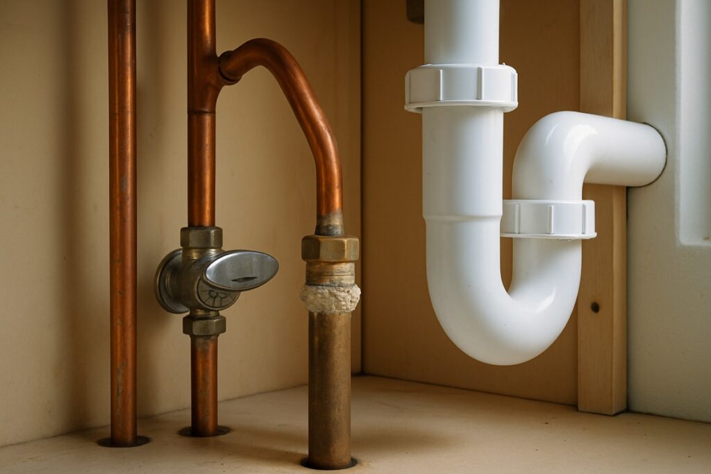Under-sink plumbing connections in a Palm Bay home showing a corroded brass fitting and mineral scale