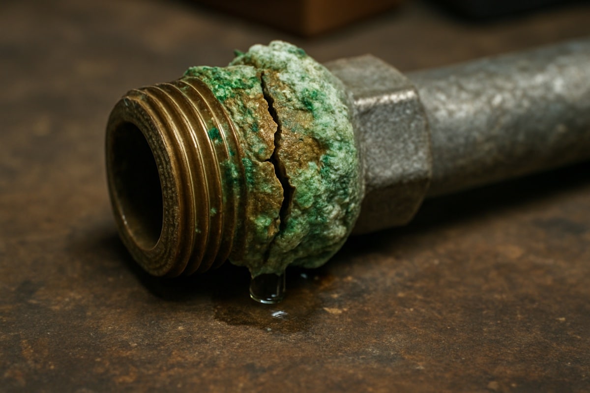 Close-up of a cracked, over-tightened brass pipe fitting weeping water at the joint