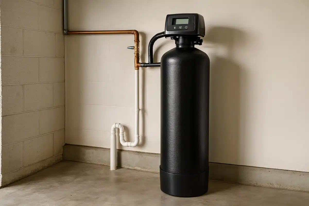 New water softener tank installed in a residential garage with connected plumbing lines
