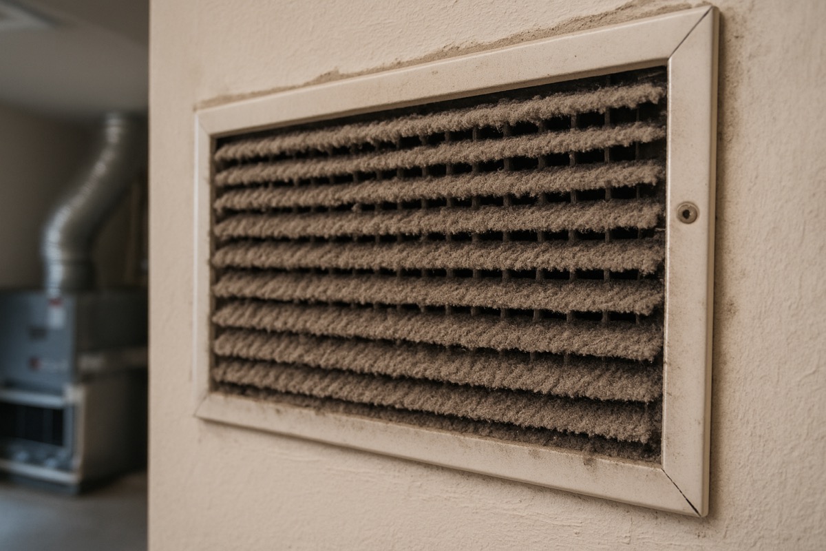 Close-up of a return air grille coated with a visible layer of gray dust