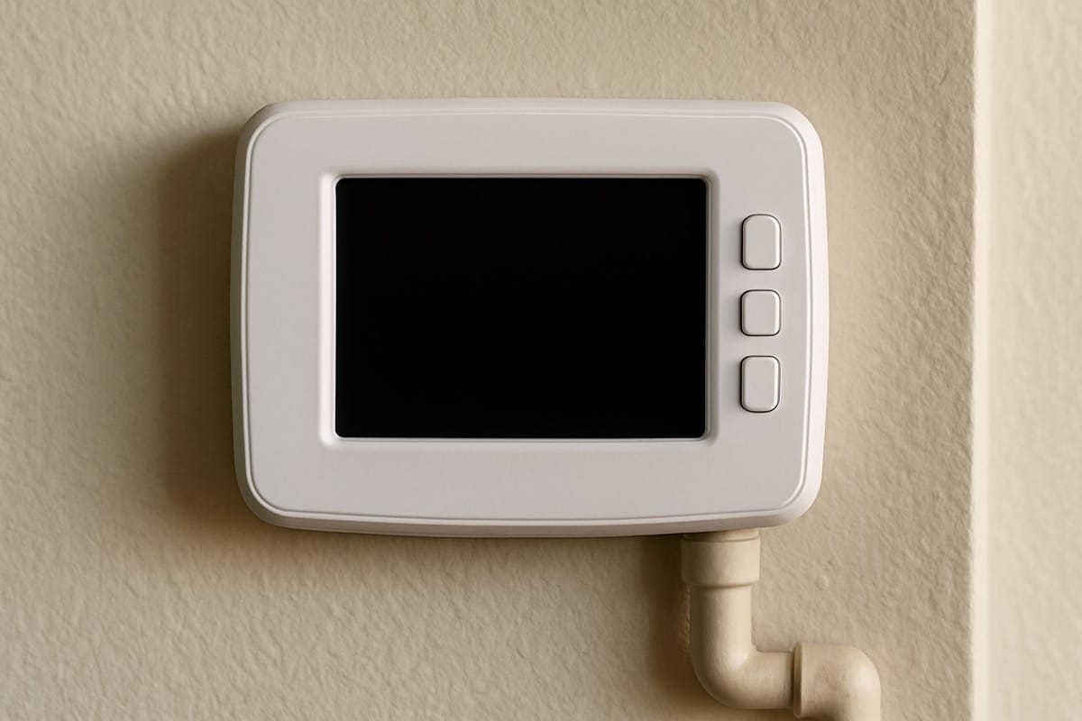 Thermostat mounted on a wall with afternoon sunlight striking it through a nearby window
