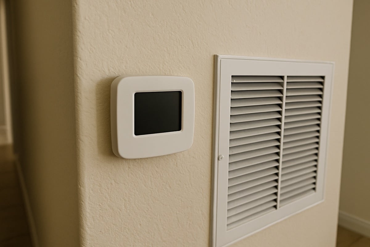 Technician checking a digital thermometer next to a wall thermostat to verify the reading