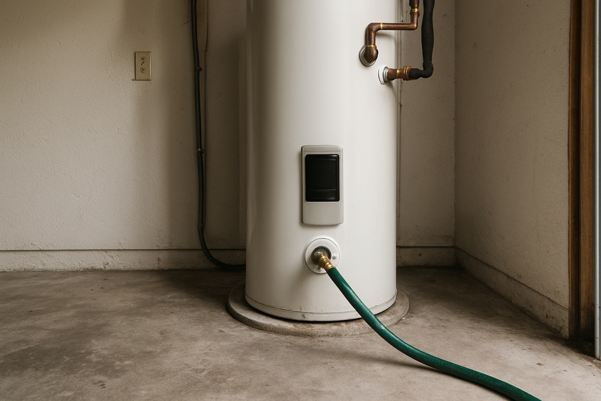Cutaway view of a water heater tank showing mineral sediment settled at the bottom