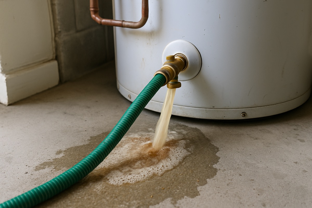 Garden hose connected to a water heater drain valve flushing sediment from the tank