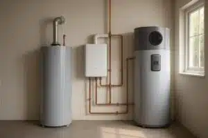 Traditional tank, tankless, and hybrid heat-pump water heaters compared in a Florida home utility space