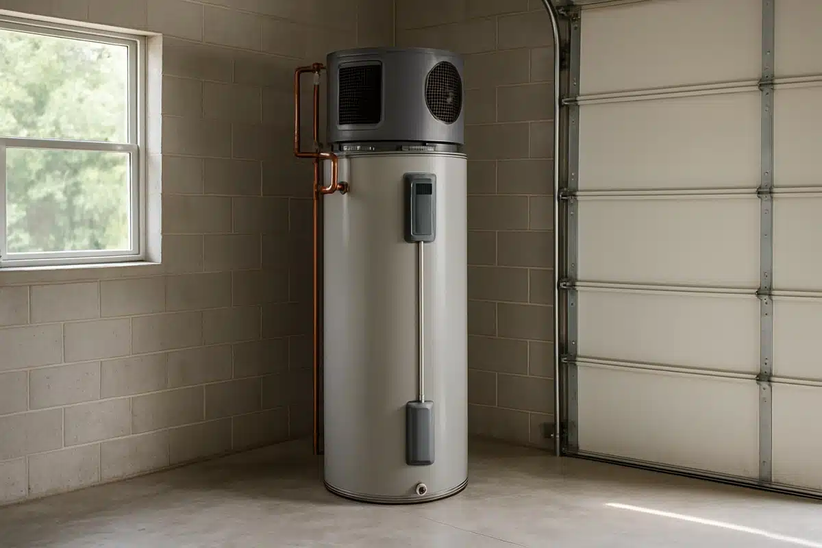Hybrid heat-pump water heater installed in a Florida garage with airflow space
