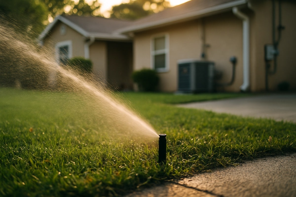 Lawn irrigation sprinkler running in early morning light
