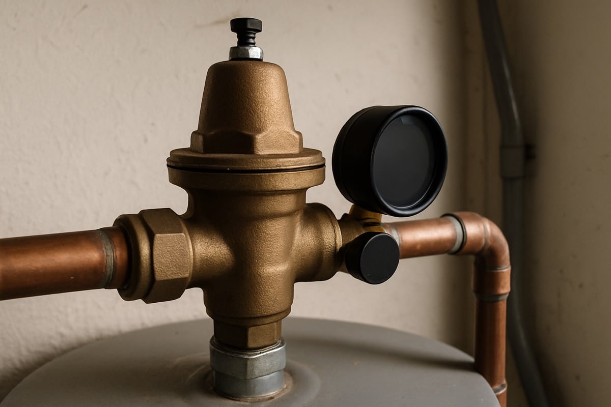 Pressure gauge attached to an outdoor hose bib measuring home water pressure
