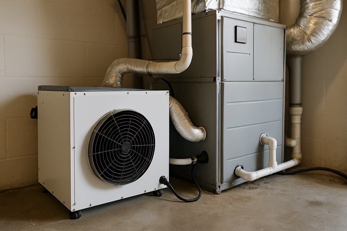 Whole-home dehumidifier installed alongside an air handler in a utility space