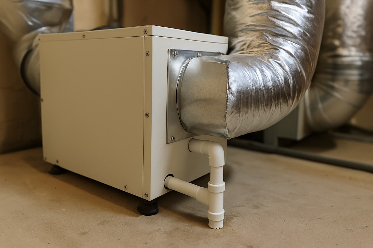 Condensate drain and ductwork connection on a whole-home dehumidifier