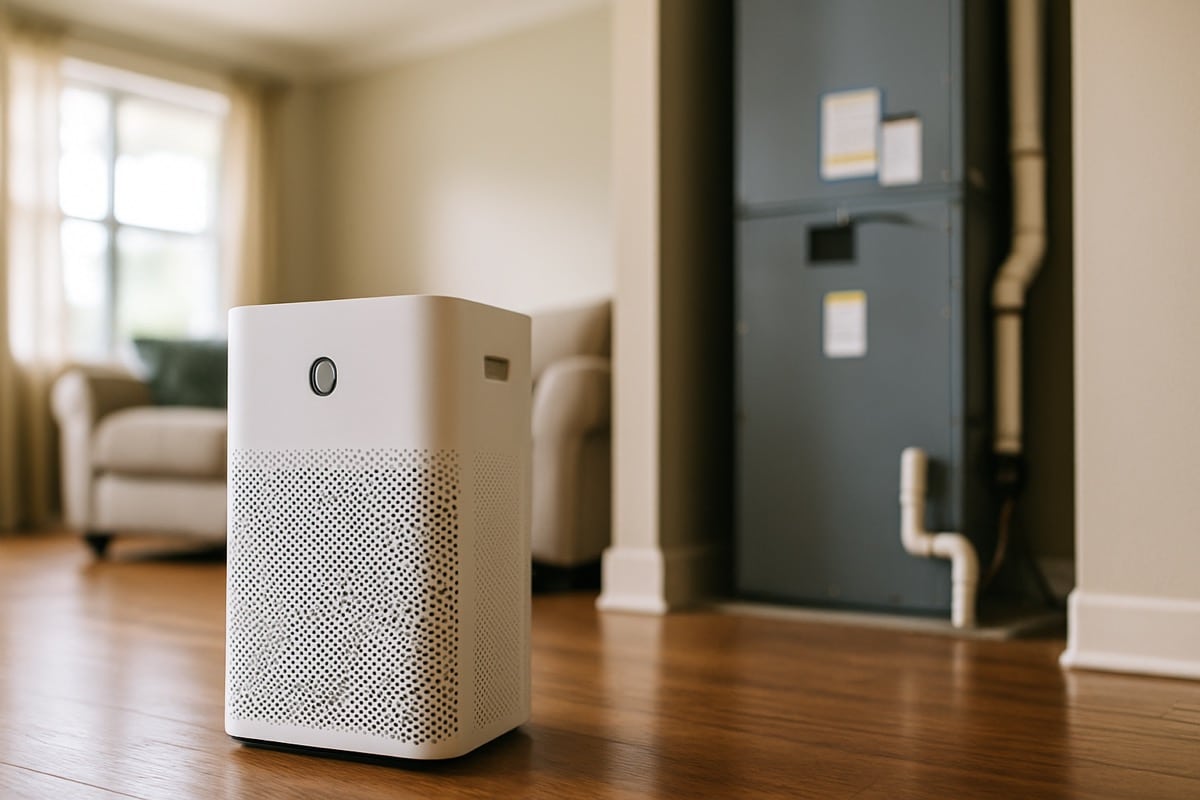 Portable air purifier on a living room floor beside a central air handler unit