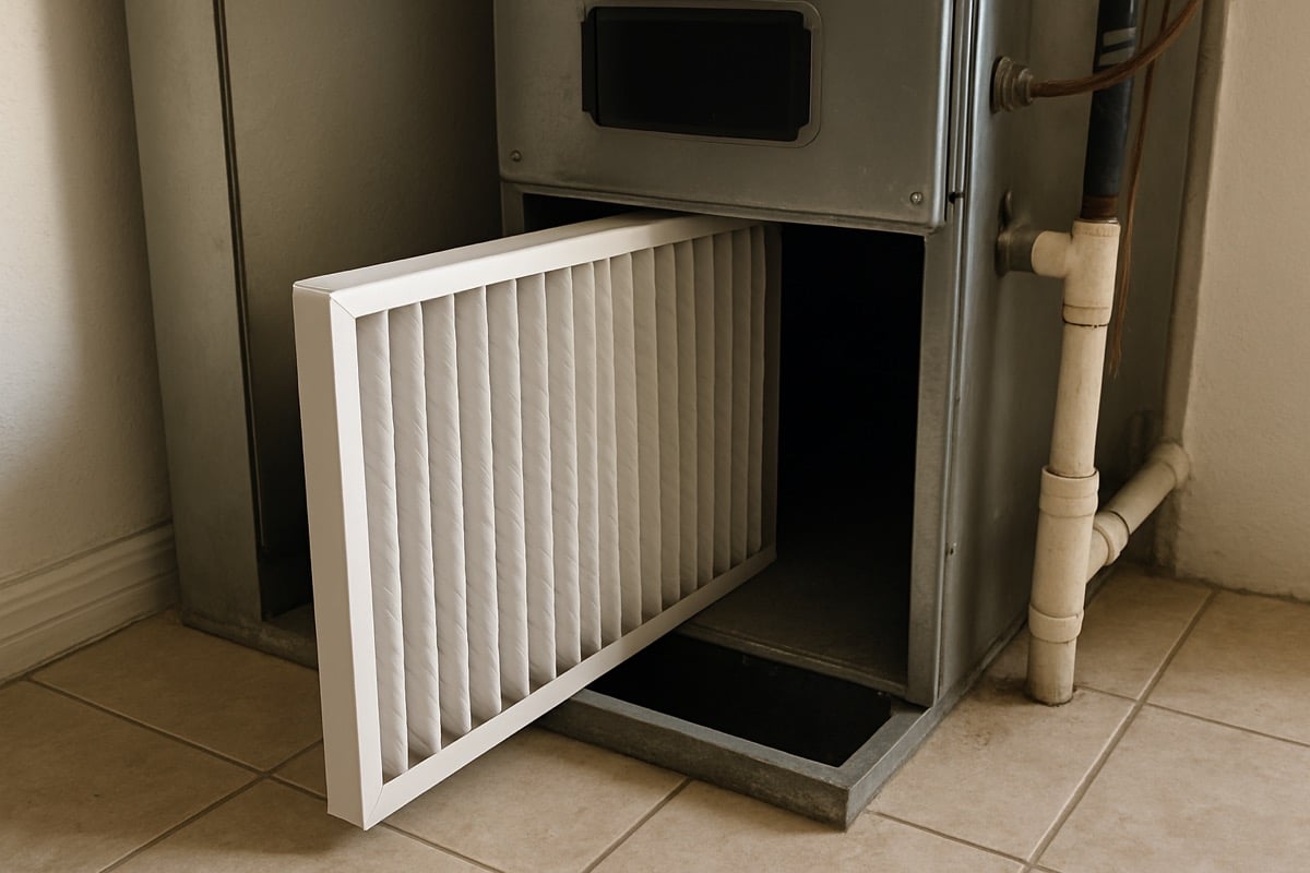 Technician installing a media air purifier into a residential central HVAC system