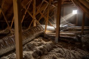 Insulated flexible ducts running across a hot Florida attic above blown fiberglass insulation