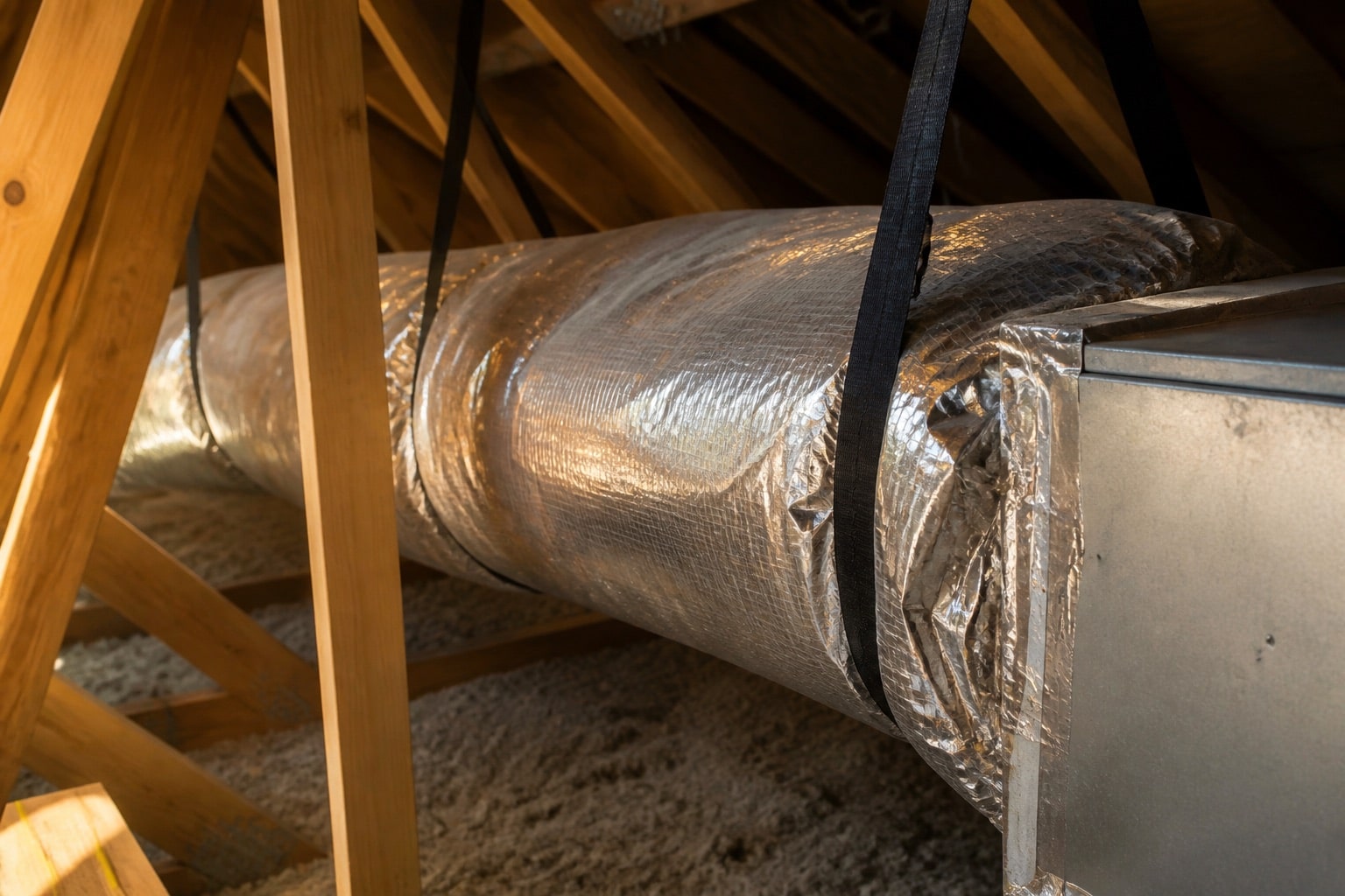 Insulated flexible attic duct insulation in a Florida home supported by straps above blown fiberglass