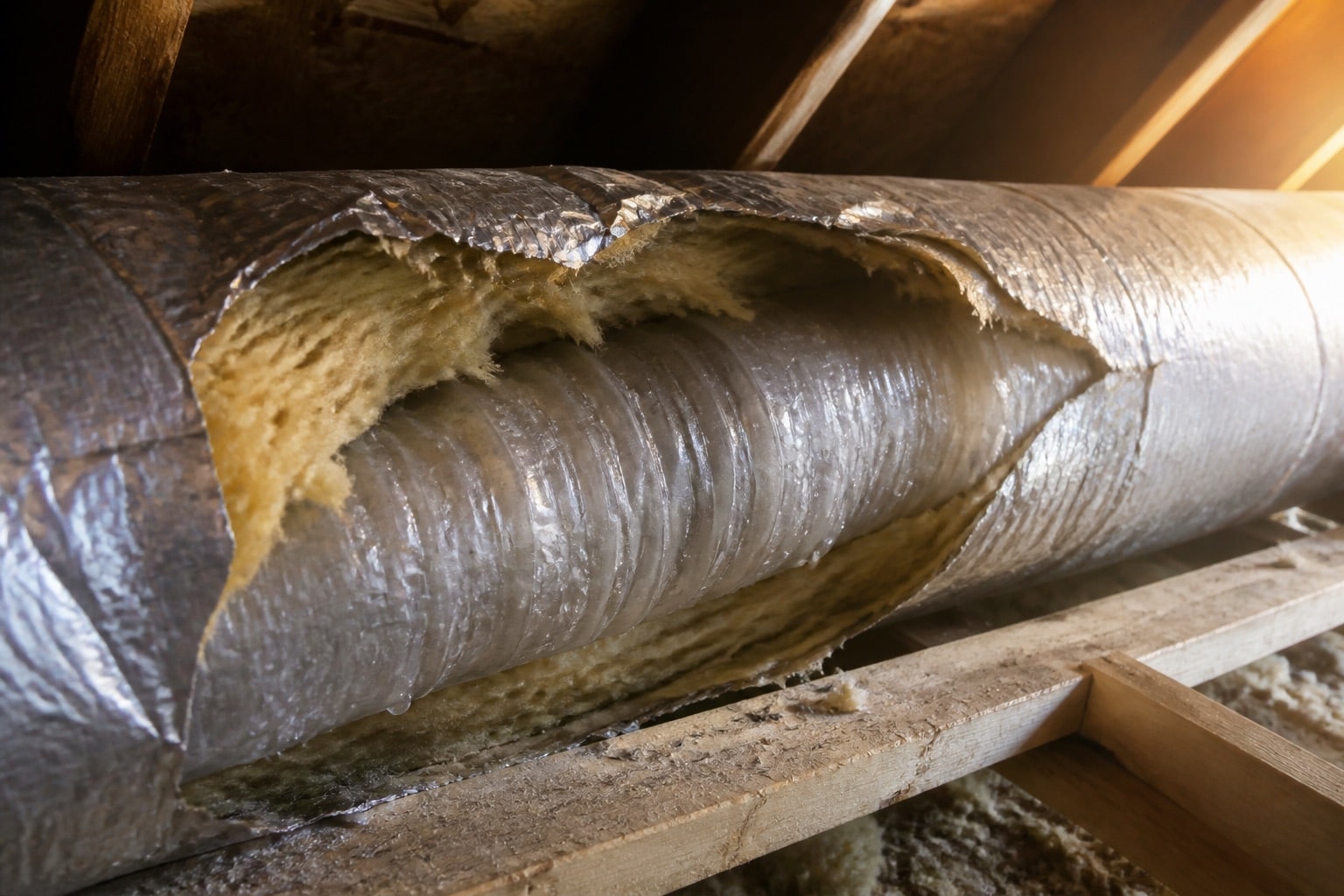 Torn duct insulation jacket in a Melbourne FL attic exposing fiberglass and the inner liner