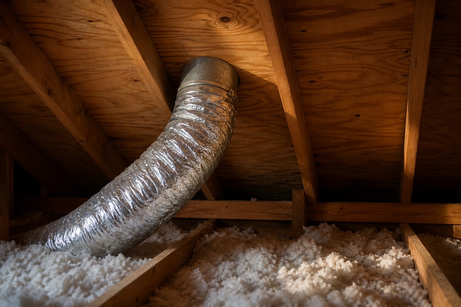 Insulated bathroom exhaust duct routed through a Melbourne FL attic toward a roof vent cap