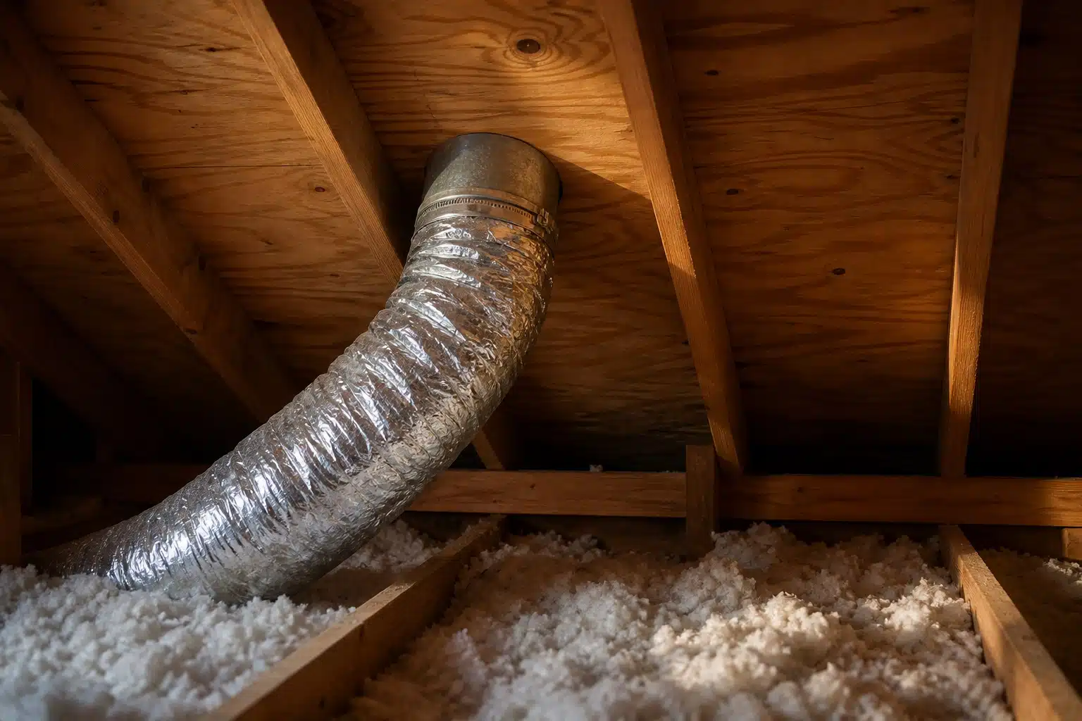 Insulated bathroom exhaust duct routed through a Melbourne FL attic toward a roof vent cap