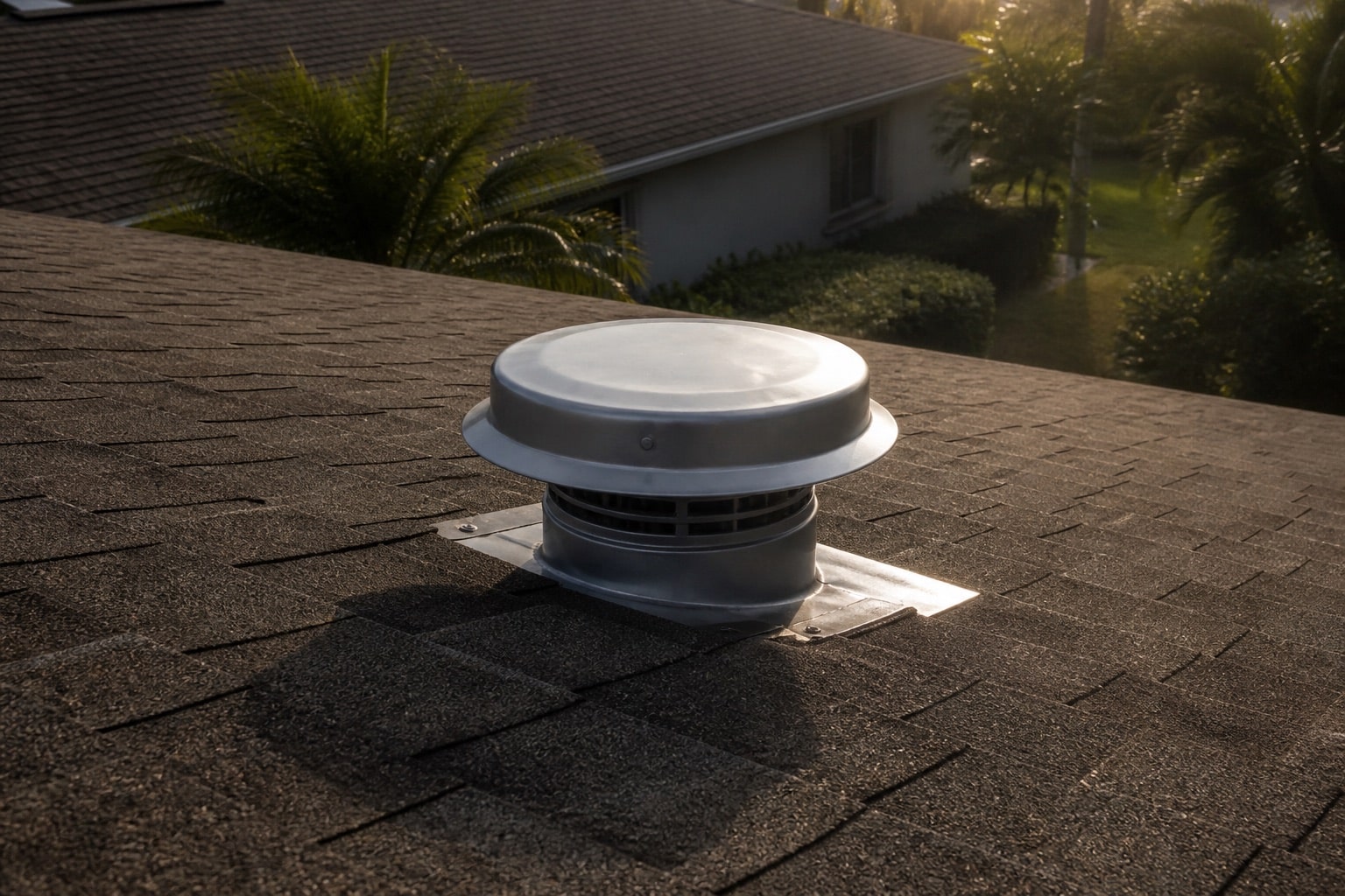 Roof mounted exhaust vent cap with backdraft damper on a Florida asphalt shingle roof