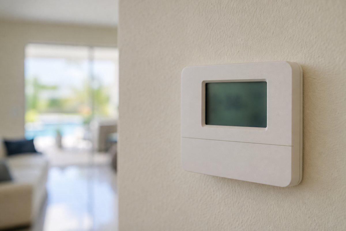 Florida homeowner checking HVAC thermostat fan setting in Palm Bay