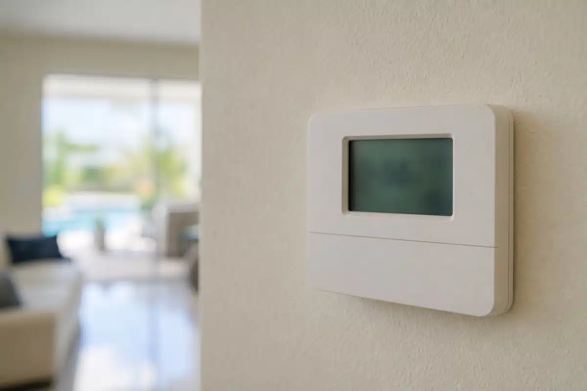 Florida homeowner checking HVAC thermostat fan setting in Palm Bay