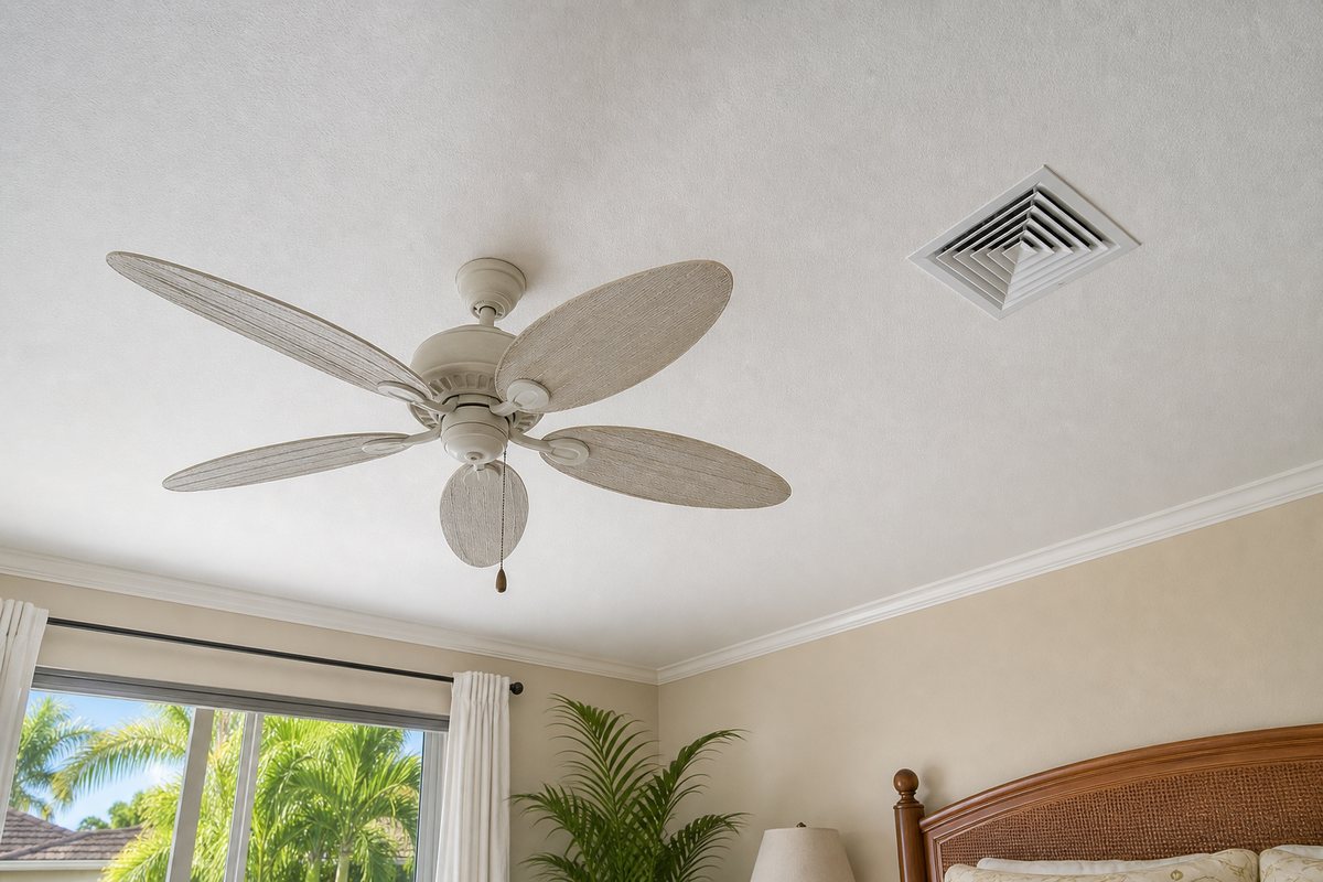 Florida home airflow concept showing HVAC fan circulating air through rooms