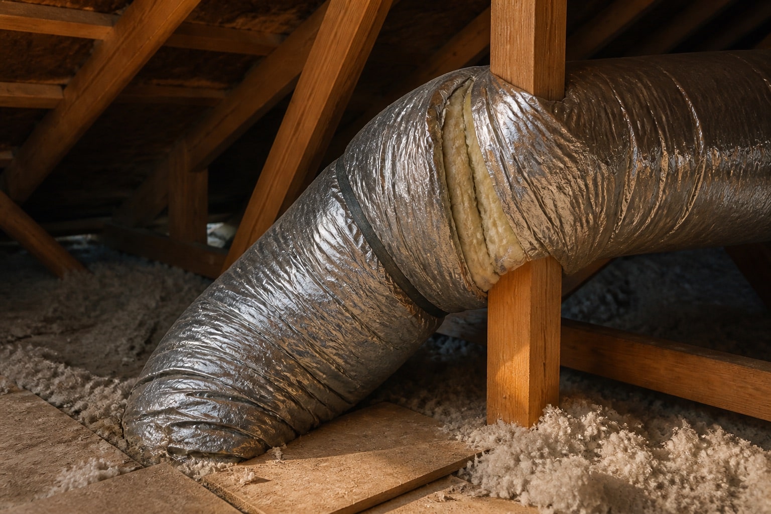 Crushed flexible HVAC duct kinked around an attic truss restricting airflow
