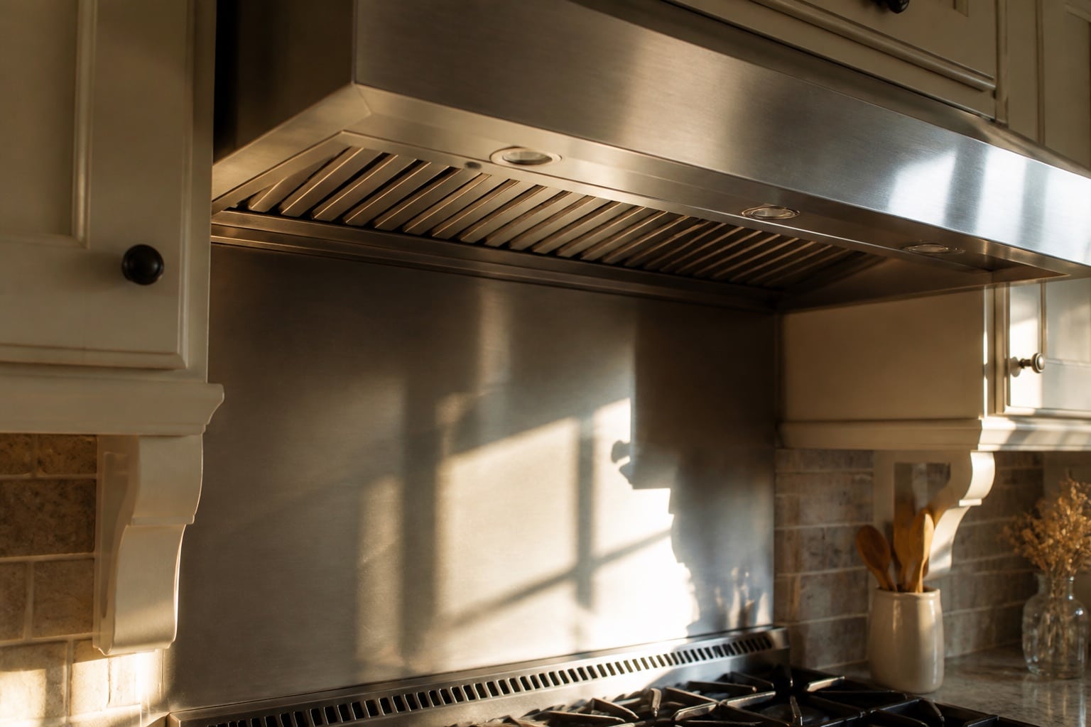 Stainless steel range hood installed above a gas cooktop in a Palm Bay Florida kitchen