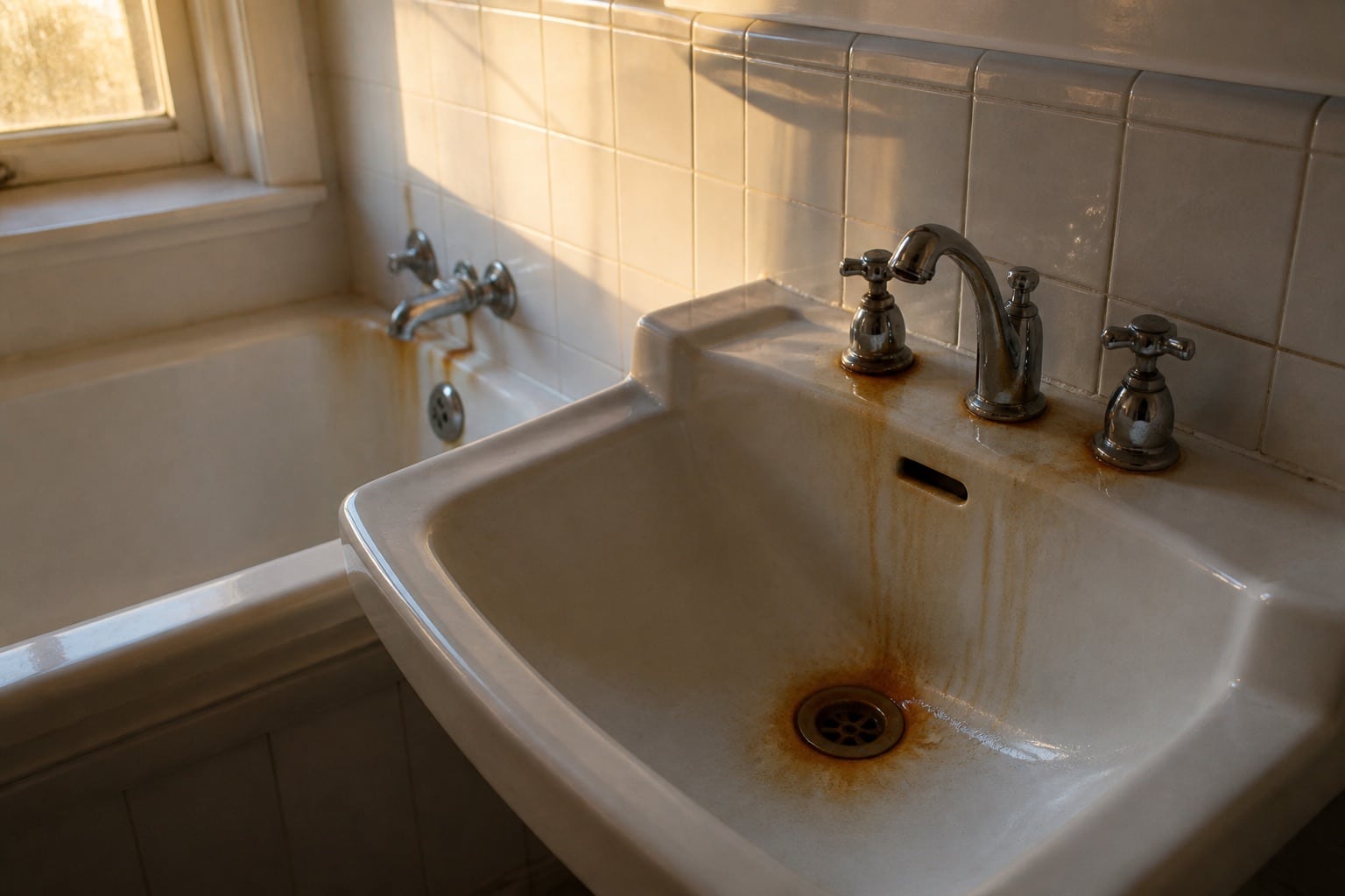 Rust colored iron staining on a white bathroom sink and tub in a Brevard County home