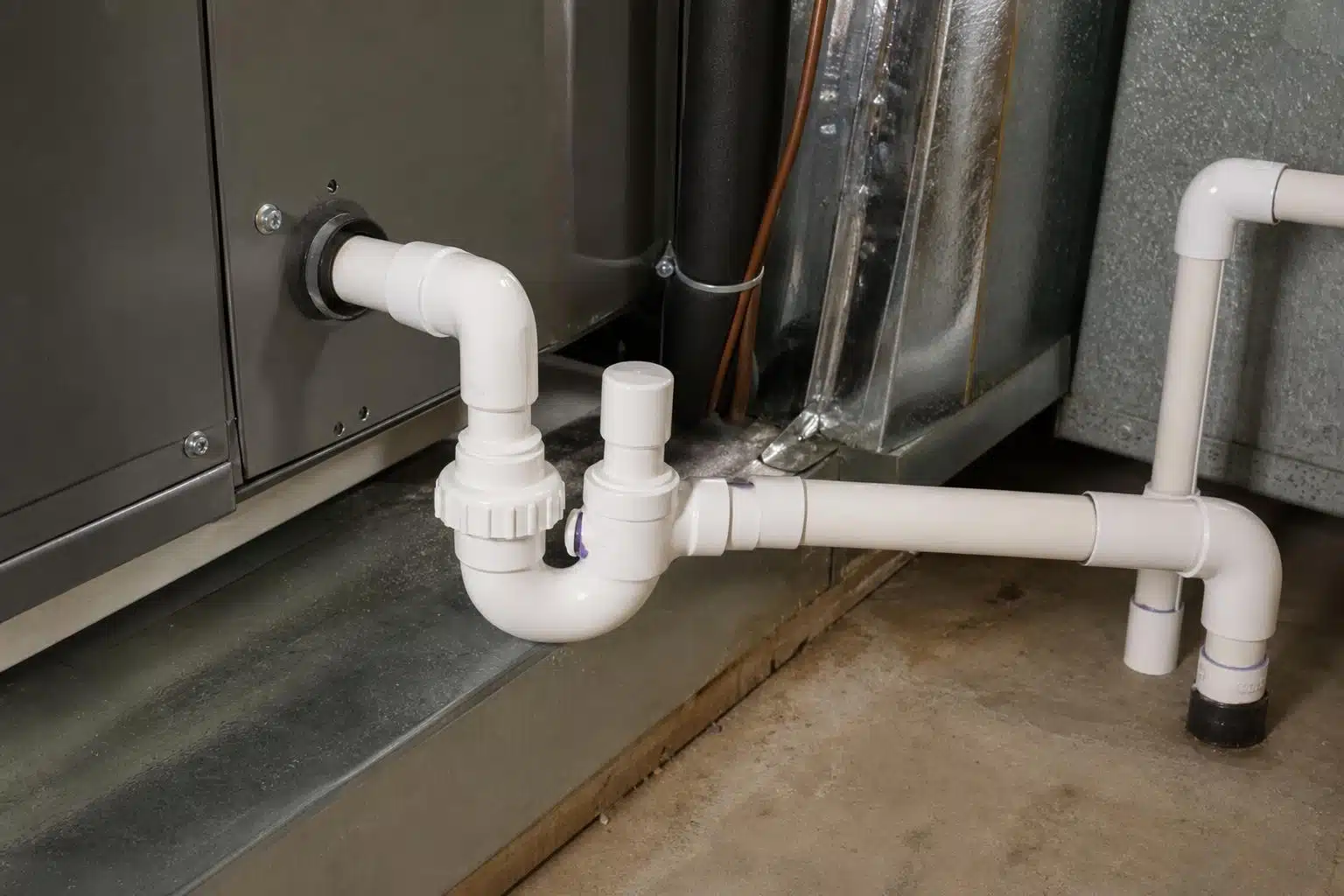 Residential air handler condensate trap and PVC drain line connection