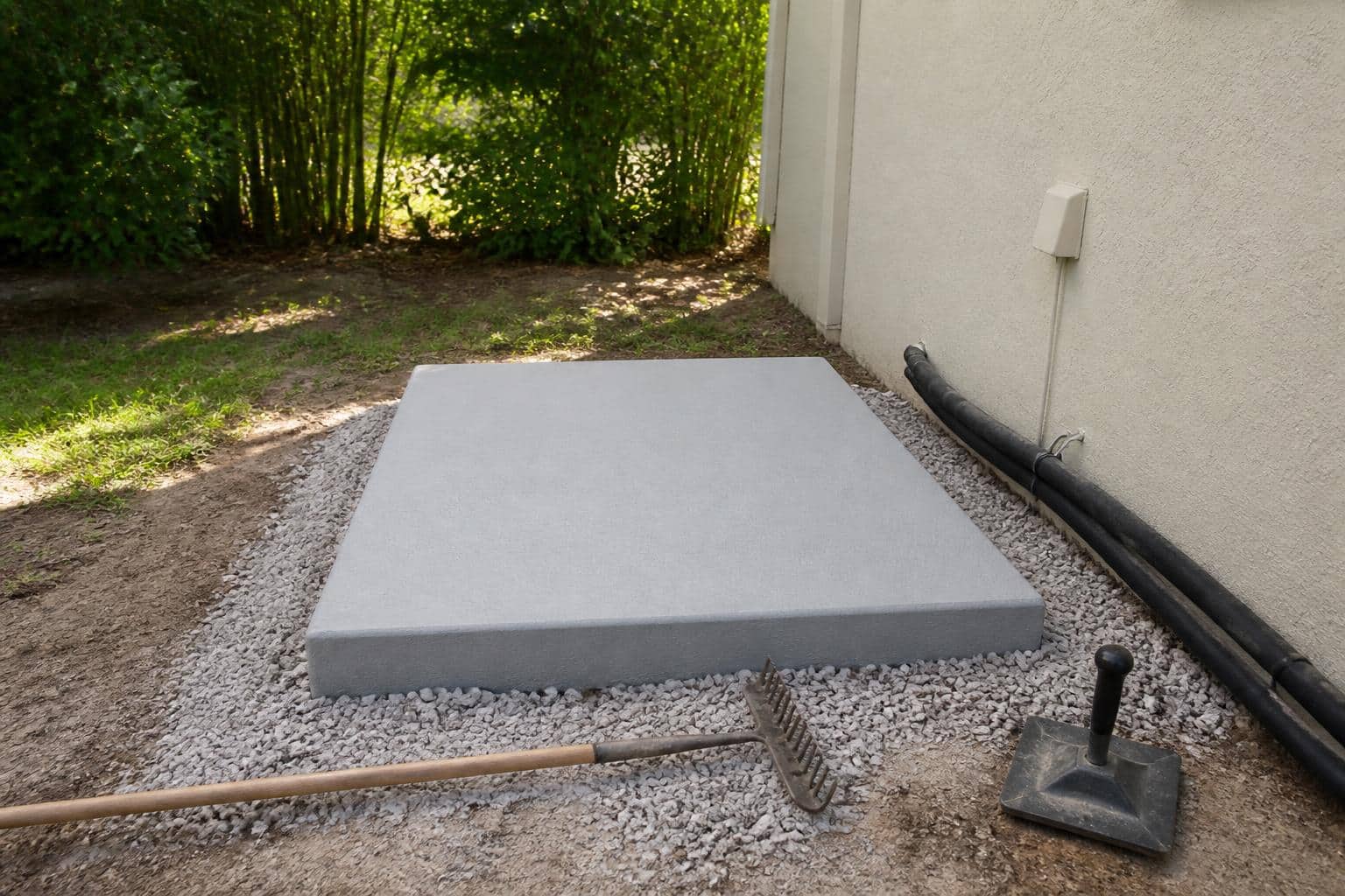Level composite equipment pad on compacted gravel prepared beside a house wall for an AC unit