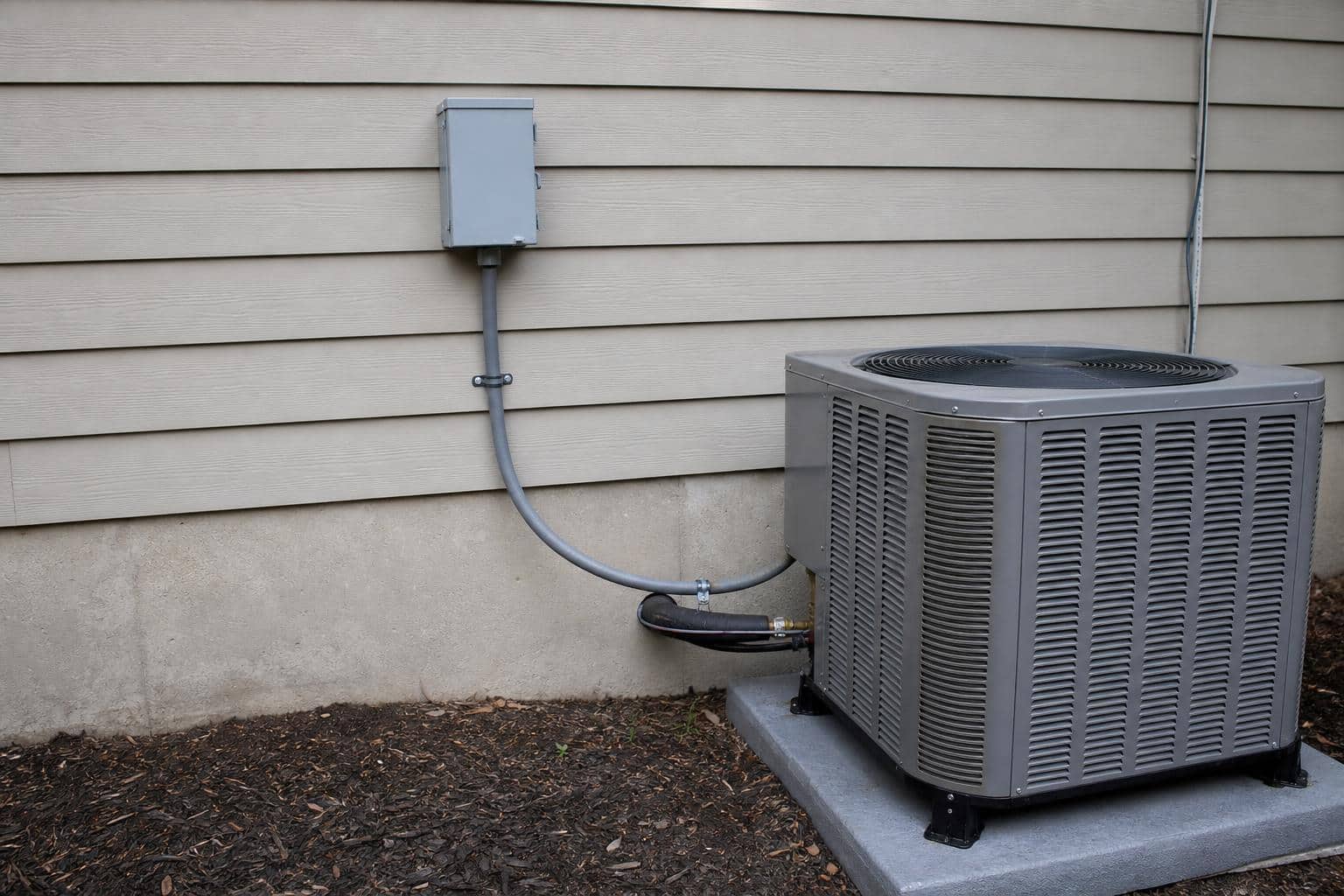 Weatherproof AC disconnect box mounted on exterior wall next to residential condenser unit