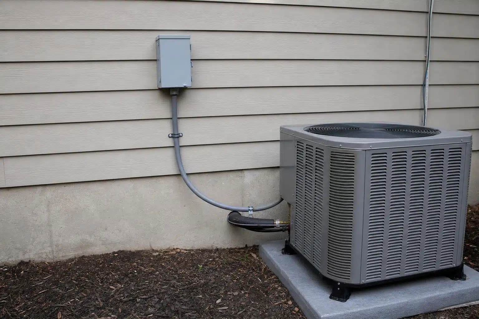 Weatherproof AC disconnect box mounted on exterior wall next to residential condenser unit