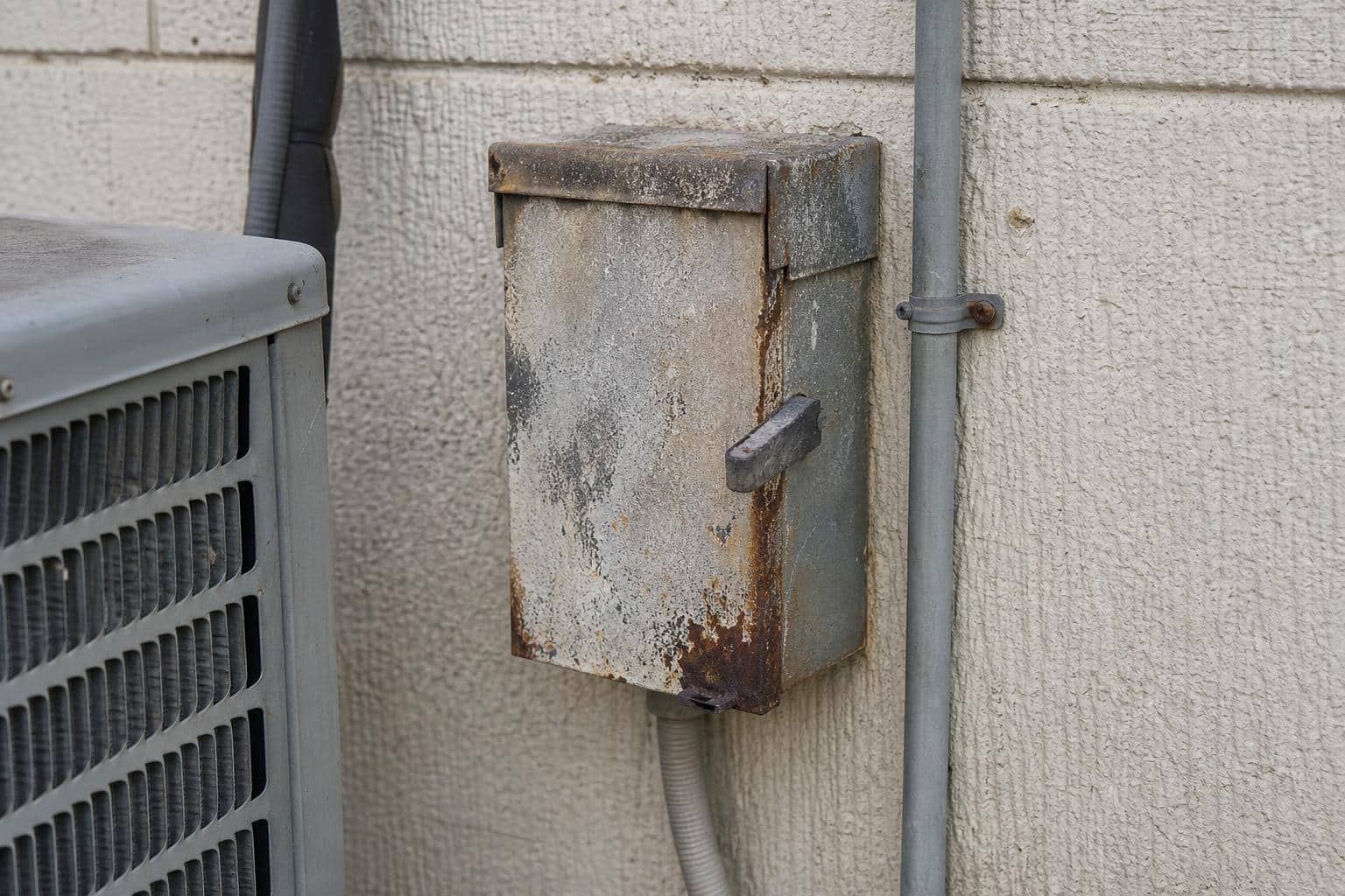 Close-up of a corroded and discolored AC disconnect box exterior showing weathering damage