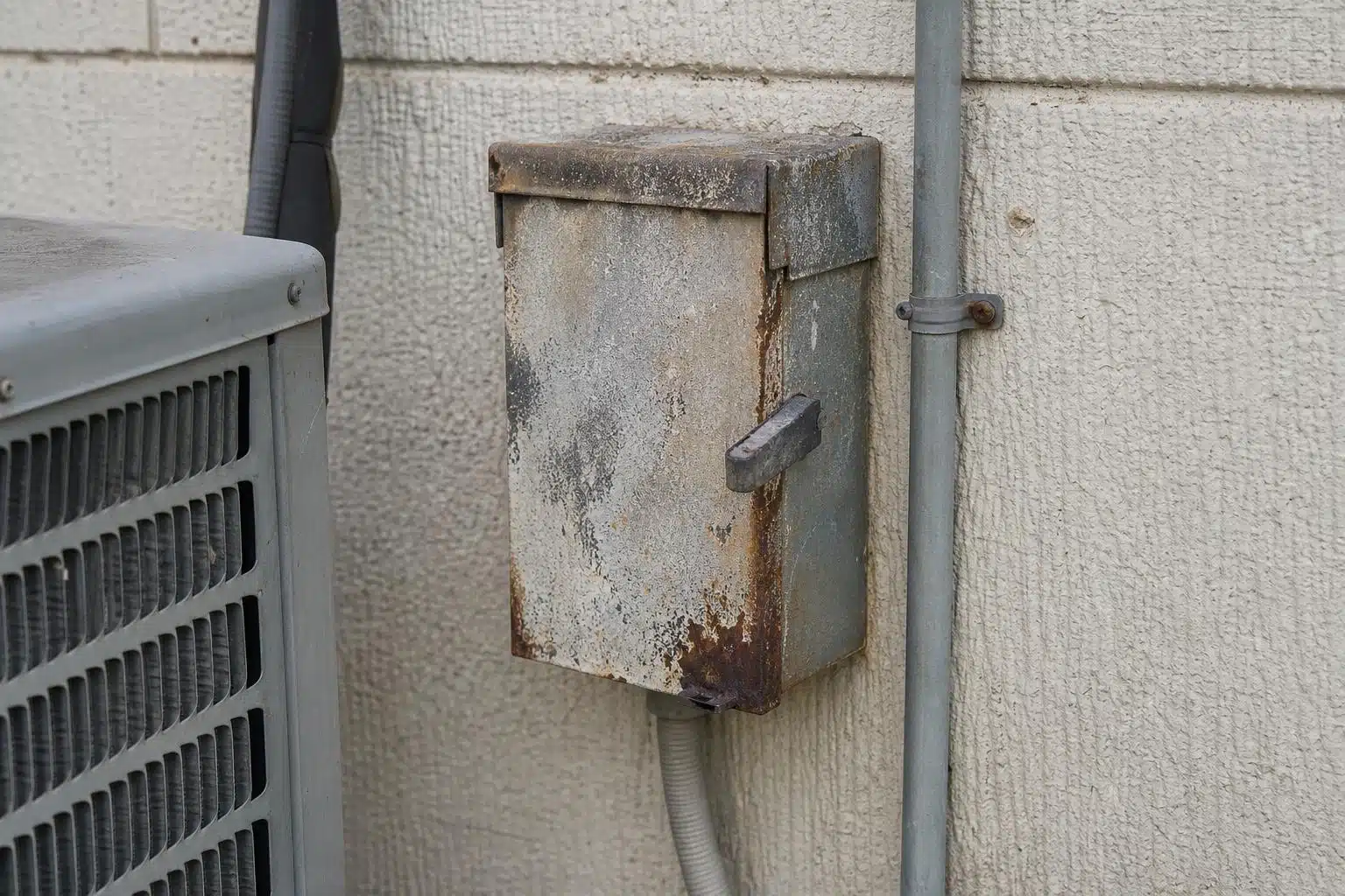 Close-up of a corroded and discolored AC disconnect box exterior showing weathering damage